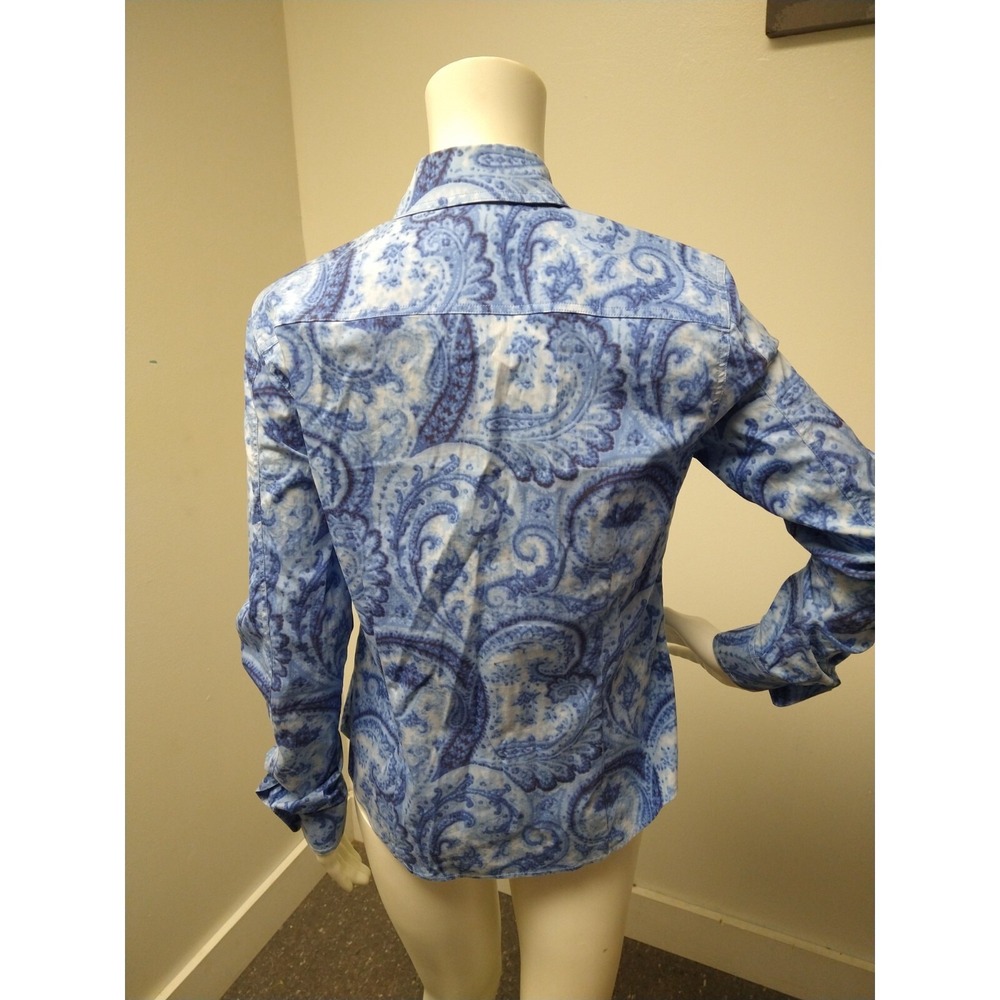 Escada Sport Blue Paisley Stretch Button Front Top Womens 36 S/M Casual Preppy - Picture 2 of 7